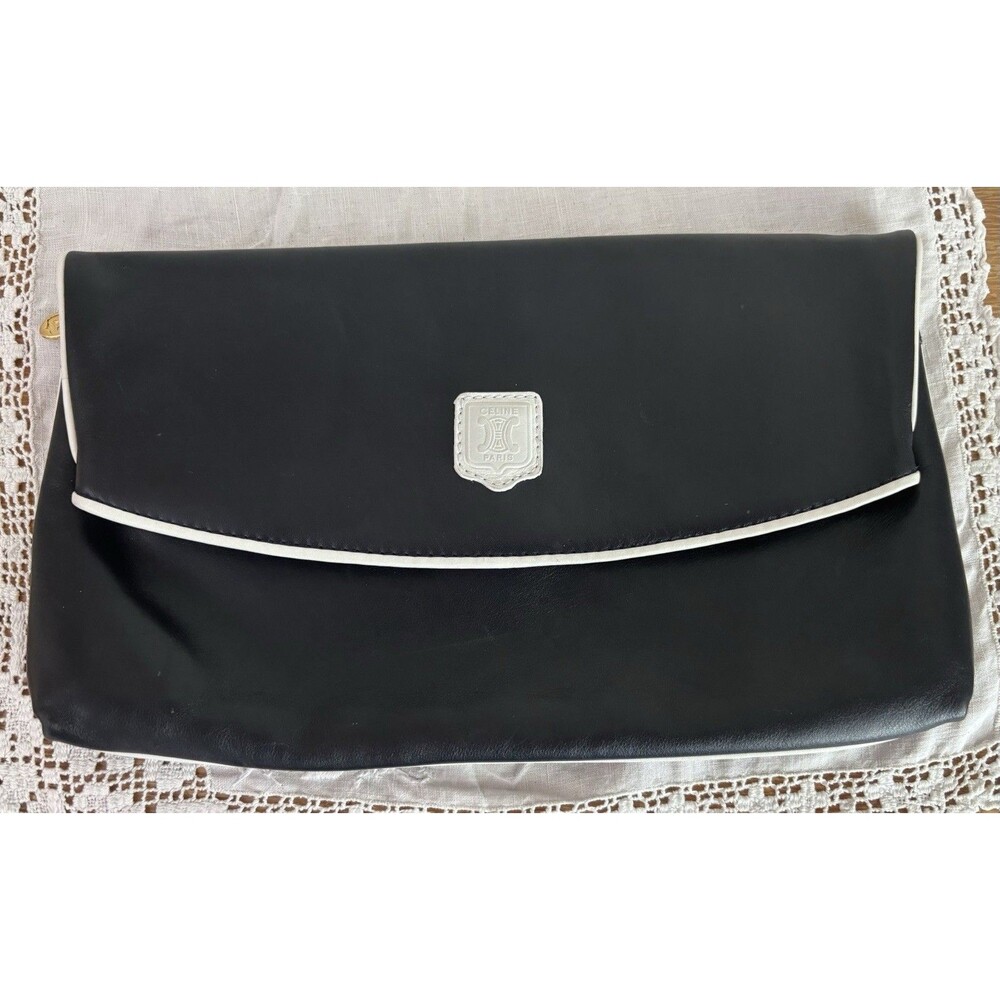 Vintage Celine Clutch Bag Triomphe Bifold  Purse Hand Bag Leather Navy×White